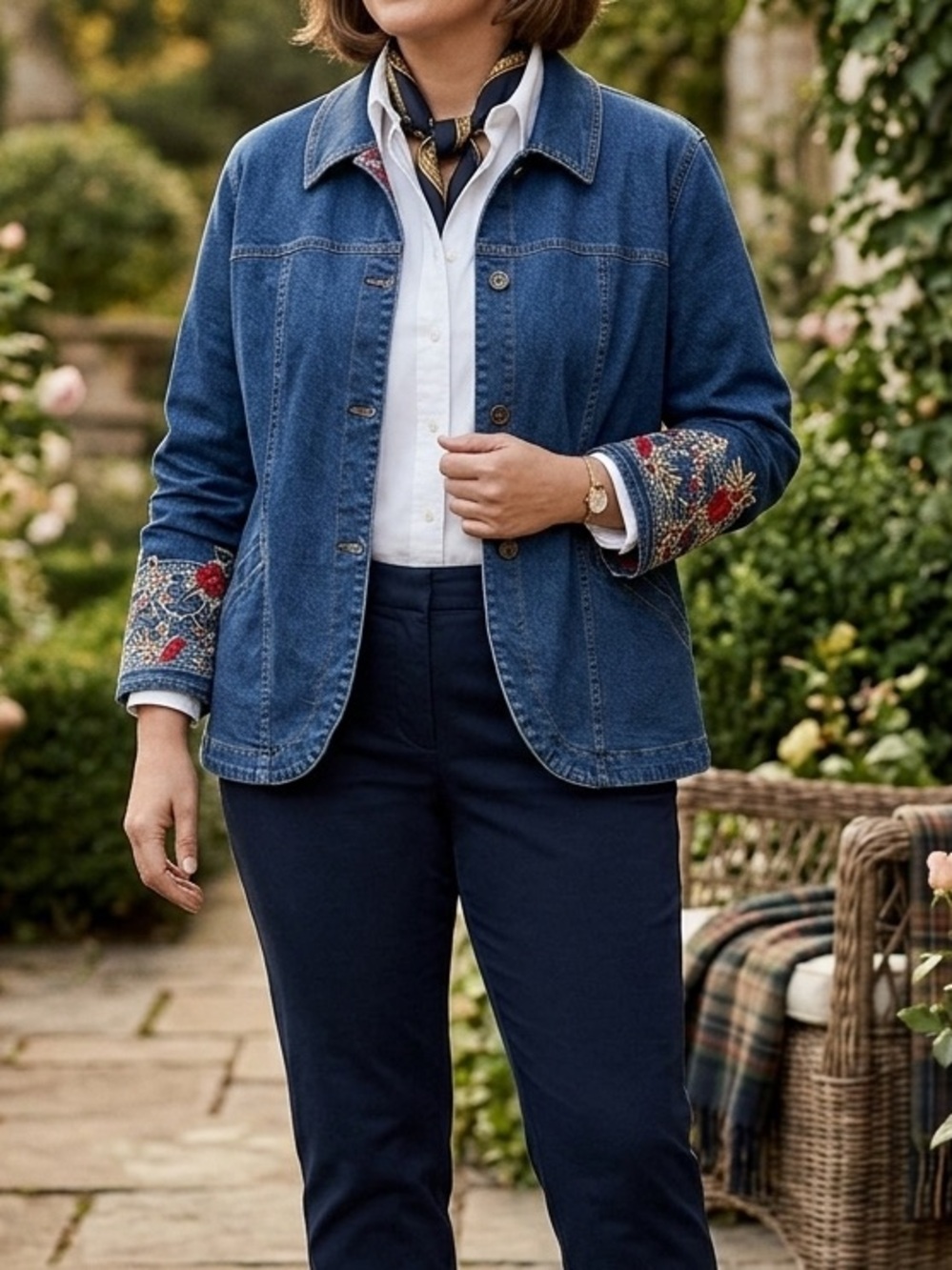 Denim&Co Denim Embroidered Floral Button Front Jacket Size 1X